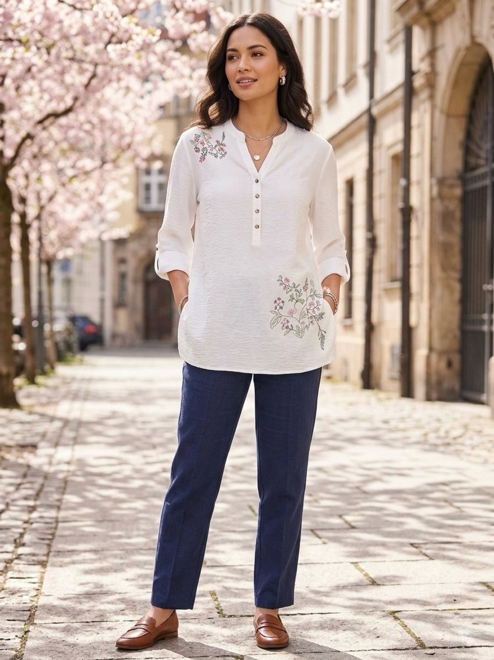 Cocomo Petite White Embroidered Henley Tunic Blouse Sz PXL